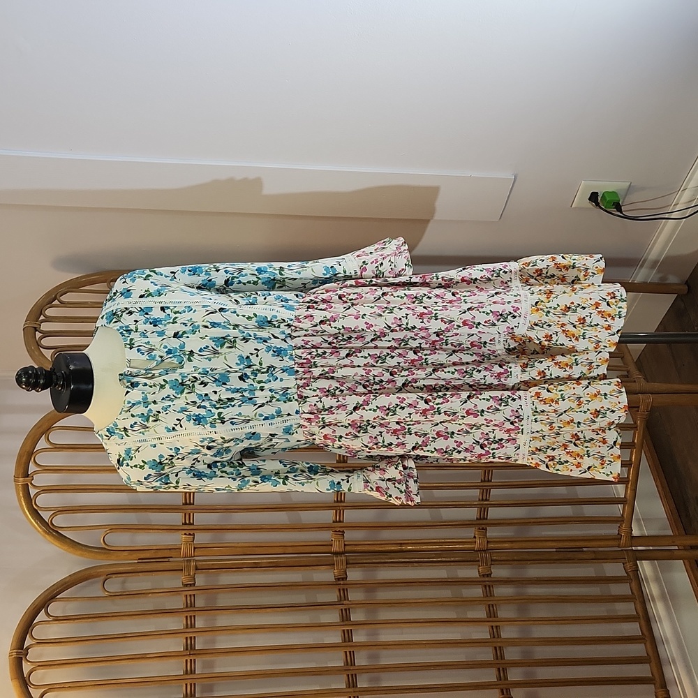 Maison Tara 3 tier floral dress coastal cowgirl pink yellow blue lace prairie